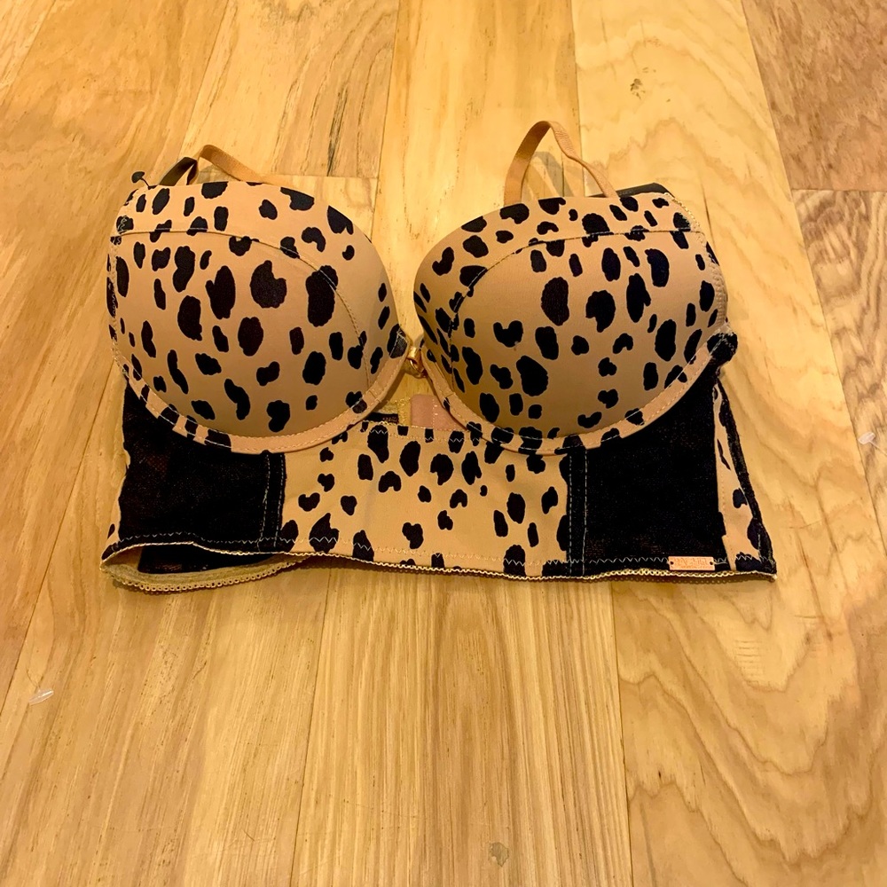 Rachel Roy Cheetah Print and Black lace long line push up Bra sz 34B NWT